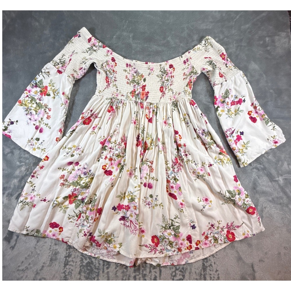 Torrid Floral Smocked Off Shoulder Bell Sleeve Mini Dress White Size 1 (XL) Boho - Picture 12 of 16